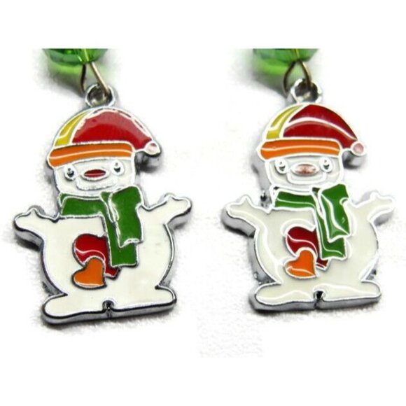 Vertical Drop Dangle Hook Earrings Womans Snowman Green Bead Winter Silver Tone - Picture 5 of 7